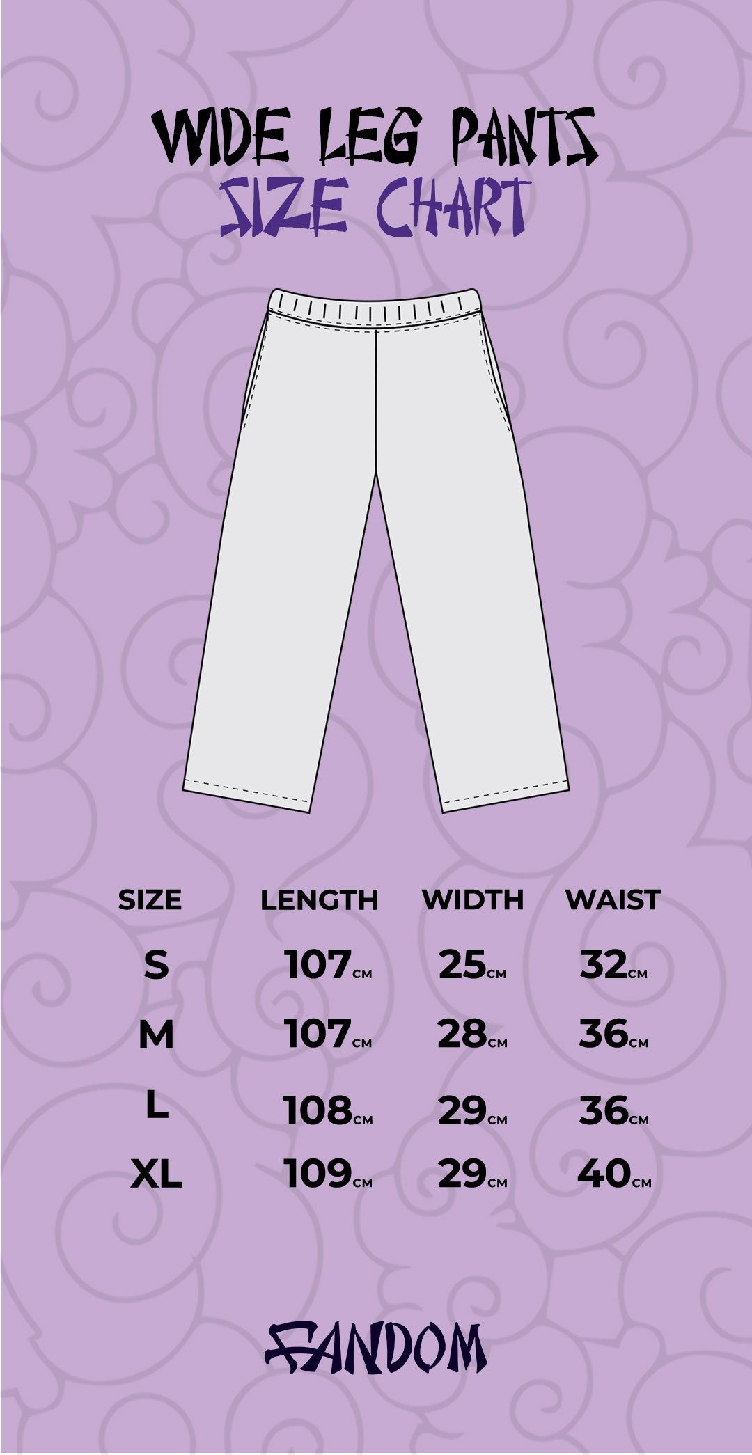 Size chart for Naruto Straight Pants