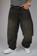 Vintage wash balloon jeans, angled view
