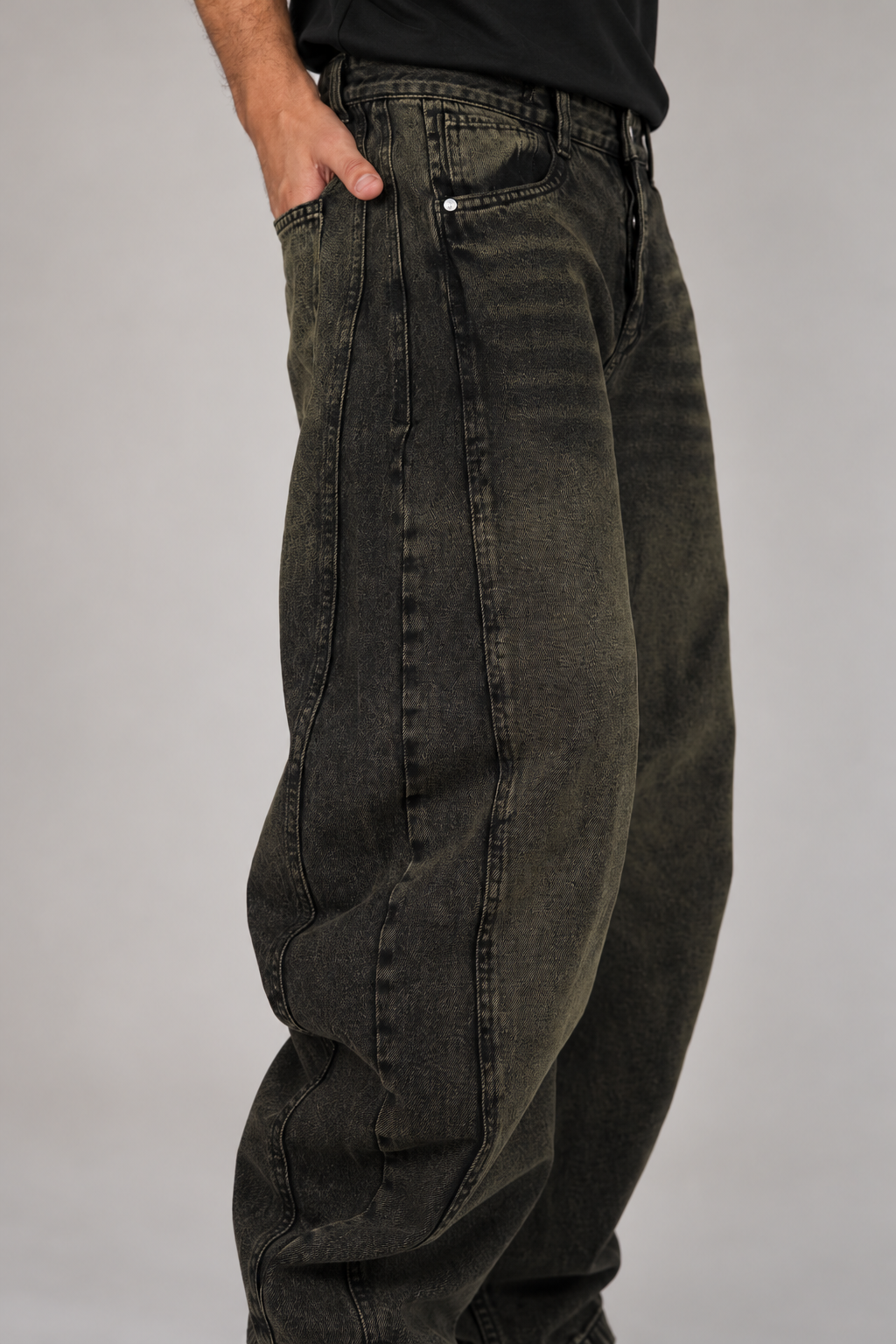 Vintage wash balloon jeans detail — AI-assisted editorial image