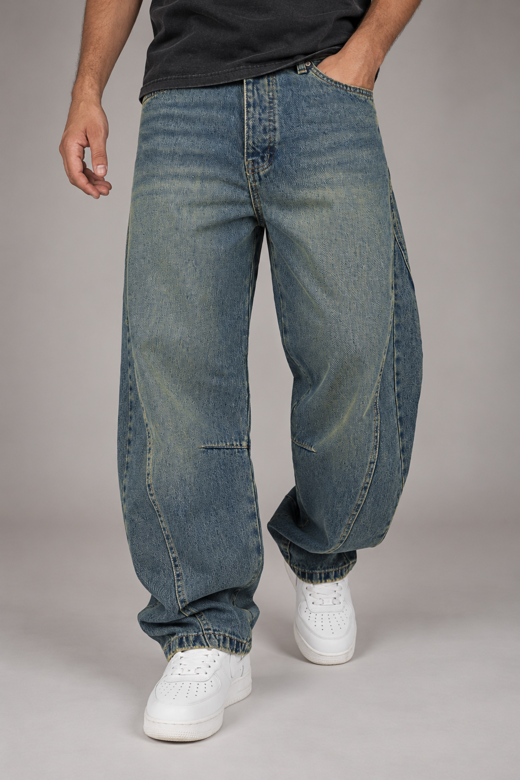 Faded indigo balloon jeans — AI-assisted editorial image