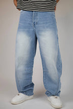Light blue vintage wash balloon jeans — front view