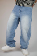 Light blue vintage wash balloon jeans — angled view