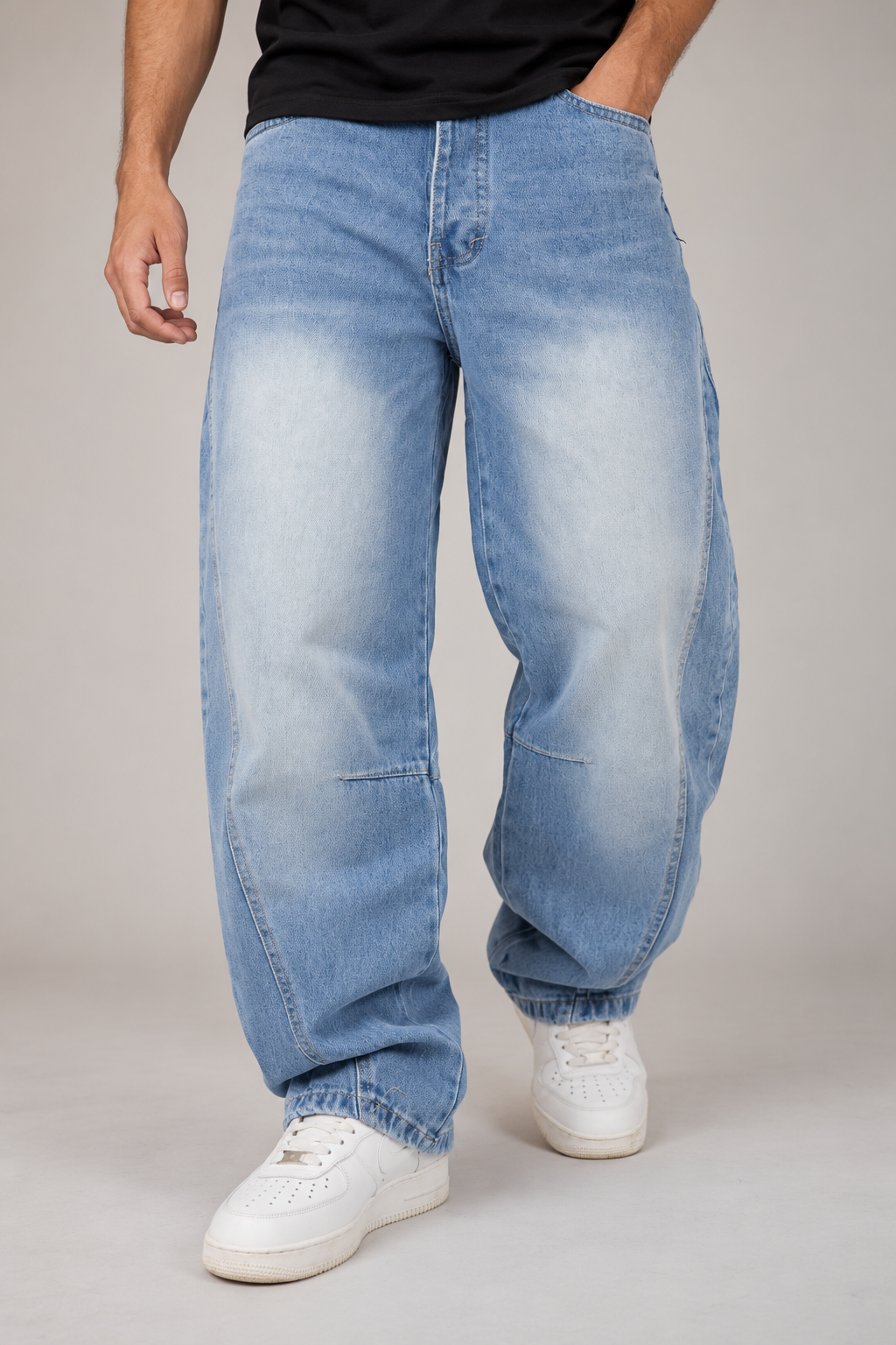 Light blue balloon jeans styled with black tee — AI-assisted editorial image