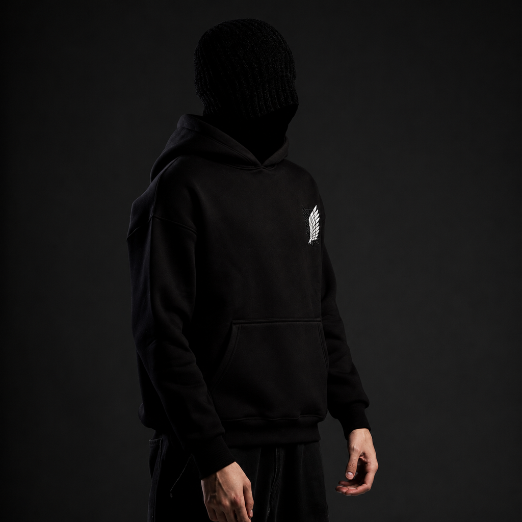 Freedom Black Hoodie — three-quarter view, pullover without zipper