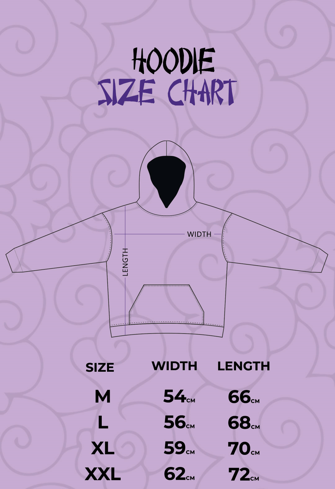 Size chart for Bizarre Bloodline Zip Hoodie